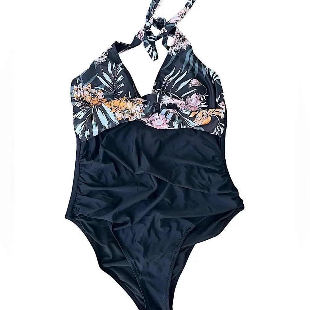 Floral Halter One-Piece Swimsuit – Size XL